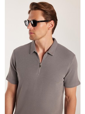 Erkek Slim Fit Dar Kesim %100 Pamuk Fermuarlı Gri Polo Yaka Tişört