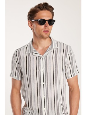 Erkek Slim Fit Dar Kesim Pamuklu Rahat Kullanım Çizgili Kısa Kollu Apaş Yaka Gömlek