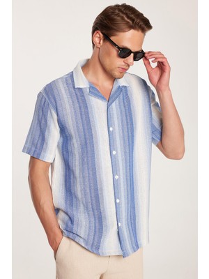 Relax Fit Oversize Dökümlü Rahat Kalıp Çizgili Keten Efekt Erkek Gömlek