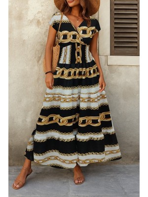 Equri Kadın Kısa Kollu Kruvaze Yaka Beli Lastikli Süprem Maksi Boy Elbise