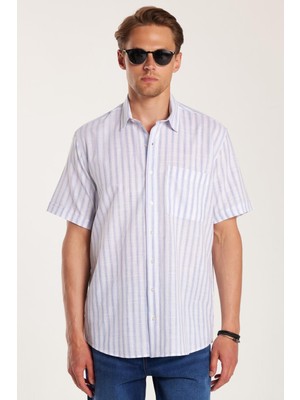 Tudors Erkek Regular Fit Klasik Kesim Oversize %100 Pamuk Kısa Kollu Keten Doku Tek Cepli Çizgili Lacivert Gömlek