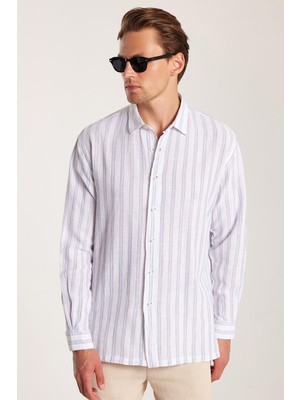 Relax Fit Oversize Dökümlü Rahat Kesim Çizgili Keten Spor Erkek Gömlek
