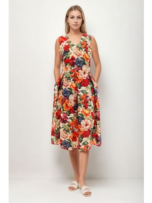Çiçek Desen V Yaka Pileli Beli Bağlamalı Elbise