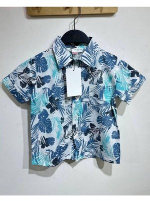 Erkek Çocuk Hawaii Desenli Keten Mavi Gömlek