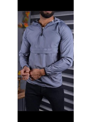 Erkek Siyah Fermuarlı Kanguru Cepli Yağmurluk