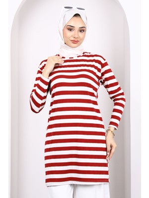 Bordo Çizgili Uzun Kol Tunik