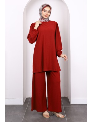 Koyu Bordo Bürümcük Tunik Pantolonlu Takım