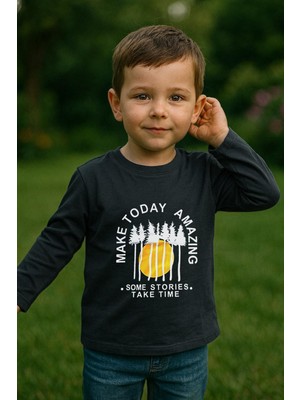 Erkek Çocuk %100 Pamuk Baskılı Uzun Kollu Tişört - Koyu Gri (3-4 Yaş 8-9 Yaş)