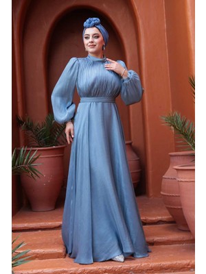 Drape Detaylı Mavi Tesettür Abiye Elbise 51072M