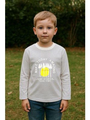 Erkek Çocuk %100 Pamuk Baskılı Uzun Kollu Tişört - Taş (3-4 Yaş 8-9 Yaş)