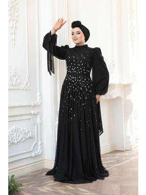 - Boncuk Işlemeli Siyah Tesettür Abiye Elbise 5283S