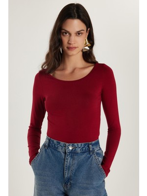 Kadın Slim Fit Dar Kesim Uzun Kollu Viskon Bordo Bluz