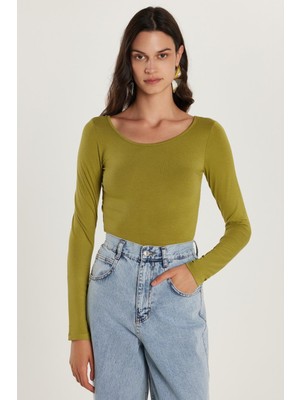 Kadın Slim Fit Dar Kesim Uzun Kollu Viskon Yeşil Bluz