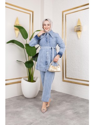 Kadın Düğmeli Kuşaklı 2li Kot Takım