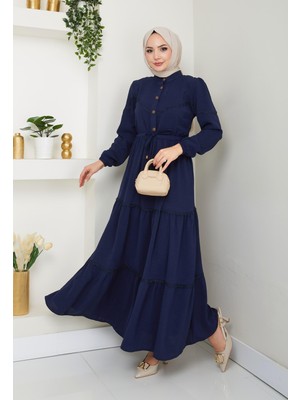 Kadın Dantel Detaylı Bel Bağcıklı Lacivert Ayrobin Elbise