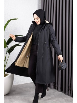 Kadın Kapüşonlu Belden Sıkmalı Bondit Kaban