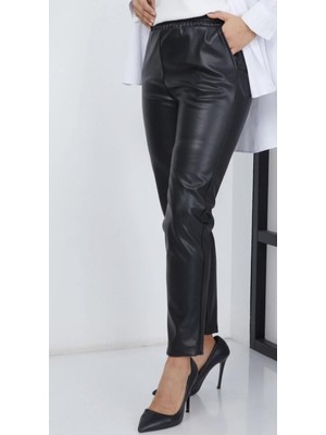 Kadın Beli Lastikli Deri Pantolon