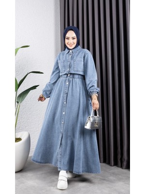 Harman Butik Kadın Belden Lastikli Gömlek Elbise Gri Denim Düz Kalıp Uzun Kol