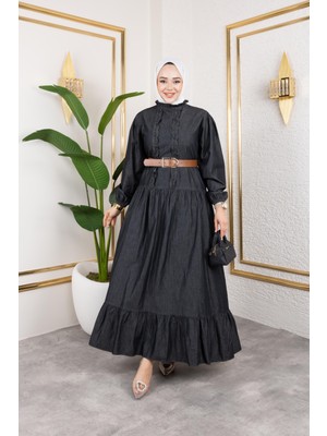 Fırfır Detaylı Kemerli Kot Elbise Siyah