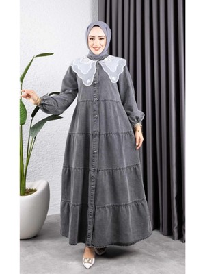 Kadın Düğmeli Dantel Yaka Kot Tesettür Elbise