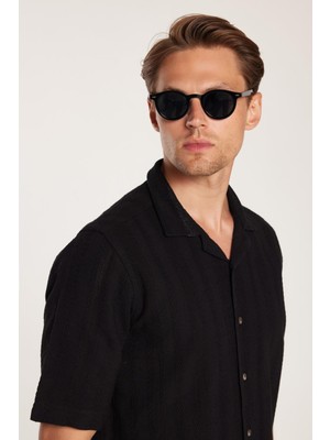 Tudors Erkek Regular Fit Klasik Kesim Oversize %100 Pamuk Keten Efekt Kısa Kollu Spor Apaş Yaka Siyah Gömlek