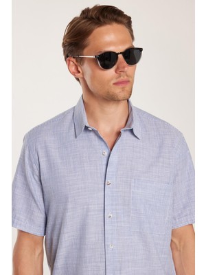 Erkek Regular Fit Klasik Kesim %100 Pamuk Keten Doku Tek Cep Çizgili Kısa Kollu Gömlek