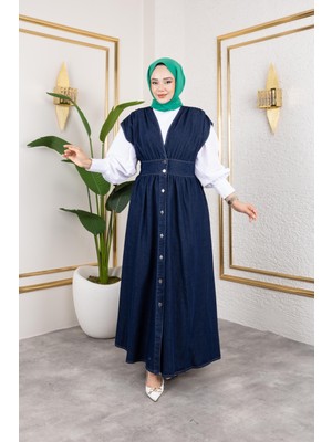 Kadın V Yaka Düğmeli Lacivert Kot Jile