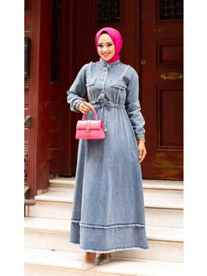 Kadın Püsküllü Denim Kot Elbise