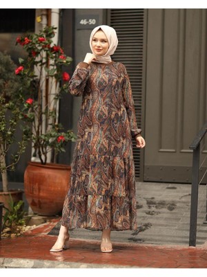 Harman Butik Kadın Astarlı Şifon Elbise Kloş Silüet Trend Tasarım Uzun Kollu Kahverengi Desenli