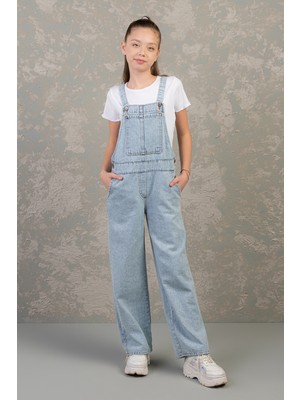 Rahat Geniş Paça Cepli Denim Salopet Jean Kız Çocuk Tulum