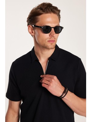 Erkek Slim Fit Dar Kesim %100 Pamuk Fermuarlı Siyah Polo Yaka Tişört