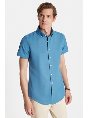 Tudors Erkek Slim Fit Dar Kesim Kısa Kollu Spor Yaka Oxford Doku Pamuklu İndigo Gömlek