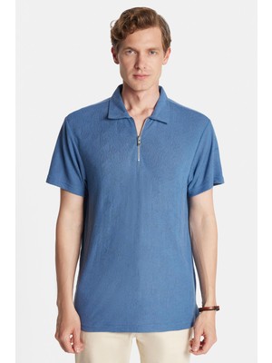 Tudors Erkek Slim Fit Dar Kesim Viskon Fermuarlı Polo Yaka Mavi Tişört