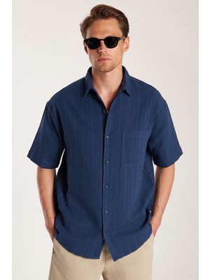 Erkek Relax Fit Premium Seri Pamuklu Keten Kısa Kollu Cepli Spor Yaka indigo Gömlek