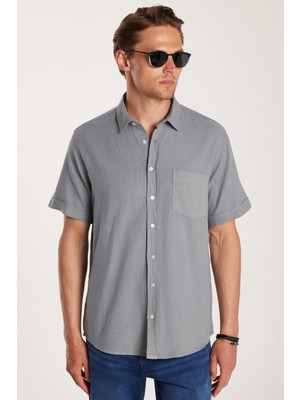 Tudors Erkek Regular Fit Klasik Kesim Oversize %100 Pamuk Keten Doku Cepli Gri Gömlek