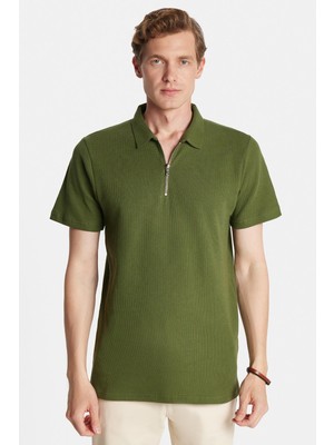 Erkek Slim Fit Dar Kesim %100 Pamuk Fermuarlı Yeşil Polo Yaka Tişört