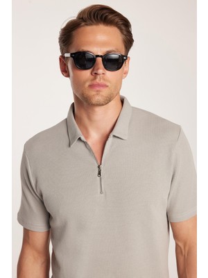 Erkek Slim Fit Dar Kesim %100 Pamuk Fermuarlı Gri Polo Yaka Tişört