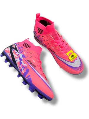 Çoraplı Unisex Krampon Halısaha & Çimsaha Ayakkabı Neon Pembe Desenli