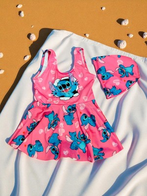 Kız Çocuk Kırmızı Renk Desen Baskılı Eğlenceli Plaj Giyim Volan Etekli Mayo + Bone