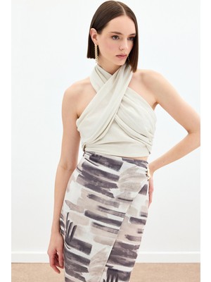 Halter Yaka Keten Crop Bluz - Bej