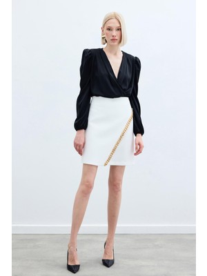 Zincir Aksesuarlı Mini Etek - Ekru