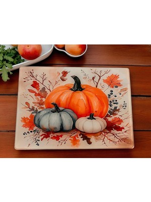 Deyhome Temperli Cam Sebze Meyve Doğrama Kesme Tahtası + Yedek Slikon Ayak, Kenarları Oval, Antibakteriyal Kabak Desenli 25X35CM