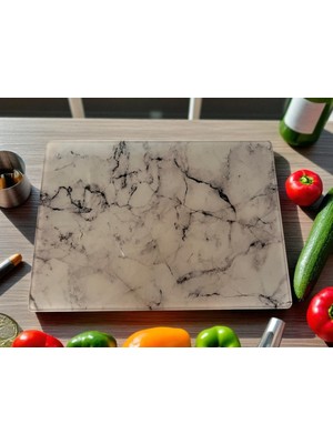 Online Home Market Deyhome Temperli Cam Sebze Meyve Doğrama Kesme Tahtası + Yedek Slikon Ayak, Kenarları Oval, Antibakteriyal Mermer Desenli 25X35CM ve 20X30CM