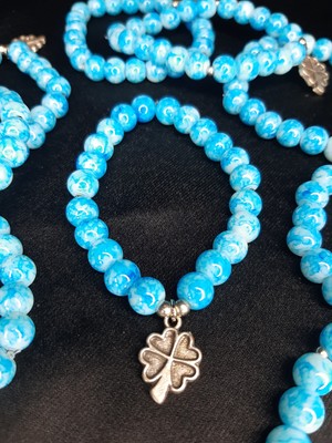 Mavi Mermer Desenli Boncuklu Dört Yapraklı Yonca Bileklik