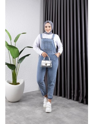 Harman Butik Kadın Cepli Askılı Kot Tulum Mavi Renkli Slim Kalıp ile Konforlu Kullanım Sunar