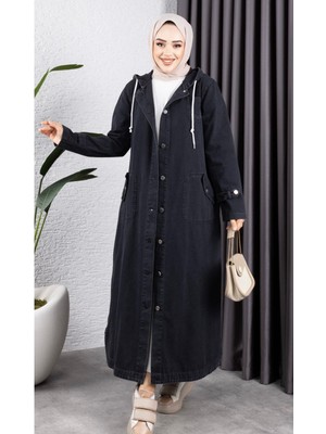 Harman Butik Kadın Kapüşonlu Düğmeli Denim Kot Trençkot Siyah Renk Standart Kalıp ile Şık Tasarım
