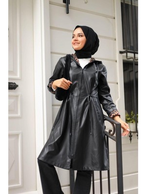 Harman Butik Kadın Kapüşonlu Deri Kısa Trençkot Siyah Trenç Yaka Rahat Tasarım