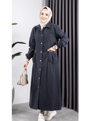 Kadın Düğmeli Cepli Yıkamalı Denim Kot Kap