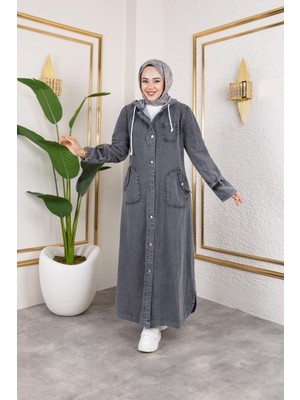 Harman Butik Kadın Denim Kot Trençkot Gri Renk Düğmeli Kapüşonlu Tasarım ile Modern Görünüm