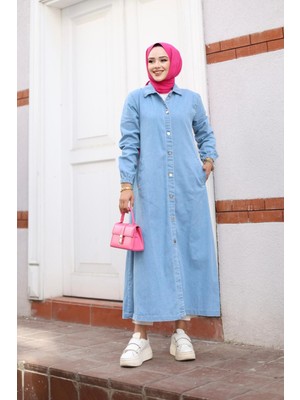 Kadın Cepli Düğmeli Denim Kot Trençkot